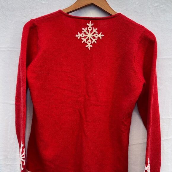 Vintage Liz Claiborne Red White Snowflake V-Neck 100% Lambswool Sweater Size SP - Picture 5 of 6